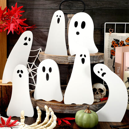 Whaline 7Pcs Halloween Wooden Table Signs Cute Ghost Shape Wooden Cutouts Rustic Tiered Tray Decor for Home Office School Desk Tabletop Decoration