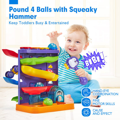 hahaland Ball Drop Toys for 1 Year Old, 2 in 1 Pound a Ball & Car Ramp Montessori Toys for 1 Year Old, Cause and Effect Toys with 4 Balls, 4 Cars & Squeaky Hammer, Toddler Birthday Gift 12M+