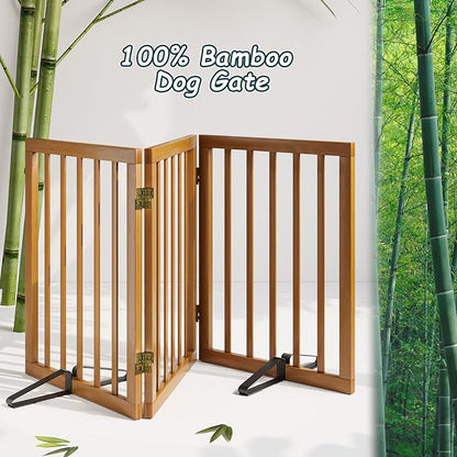 Semiocthome Freestanding Dog Gate 24“Tall, Walnut Foldable Dog Gates for Doorways Stairs Indoor, Wooden 3 Panels Pet Gates for Dogs with 2 Metals Stands, Fully Assembled Door Gates Fences