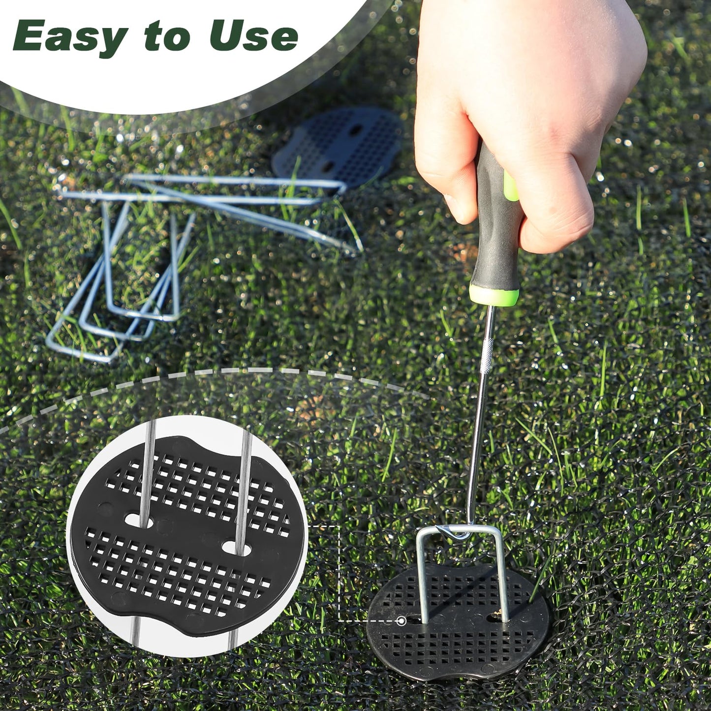 FEED GARDEN Landscape Staples 6 Inch 100 Pack Kit, Heavy Duty 11 Gauge Hot-Dip Galvanized Garden Stakes with 100 Gaskets & 1 Pick Hook for Weed Barrier, Landscape Fabric, Sod, Turf & Garden Edging