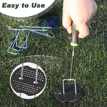 FEED GARDEN Landscape Staples 6 Inch 100 Pack Kit, Heavy Duty 11 Gauge Hot-Dip Galvanized Garden Stakes with 100 Gaskets & 1 Pick Hook for Weed Barrier, Landscape Fabric, Sod, Turf & Garden Edging