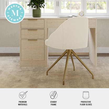 Martha Stewart Sora Stationary Swivel Task Chair with Sloped Arms for Home Office in Off White Boucle with Polished Brass Frame