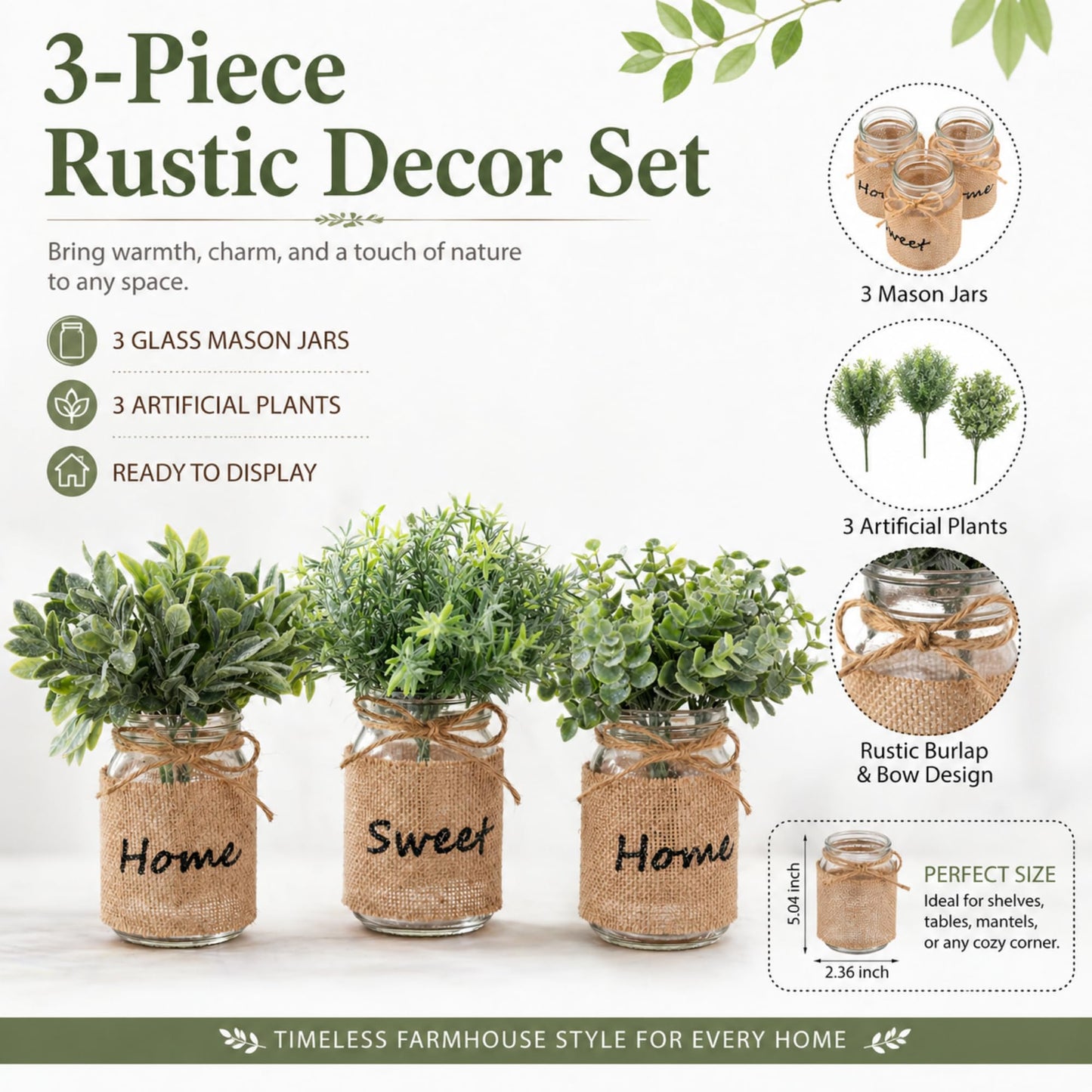 Suncalla 3 Pcs Spring Mason Jar Table Centerpiece Decor Small Fake Plants Farmhouse Rustic Burlap Vases Artificial Eucalyptus Rosemary Plants for Office Laundry Bathroom Shelf Table Wedding Decoration