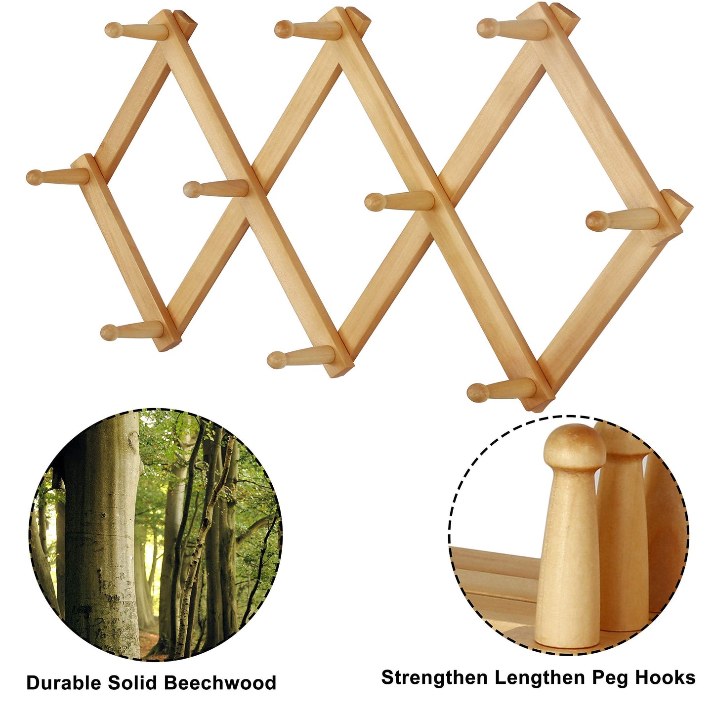 Dseap Accordian Wall Hanger: 16” High Wooden Wall Expandable Coat Rack, Hat Rack Holder, Accordion Hook for Baseball Caps, Coats, Mugs, 10 Peg Hooks, Natural