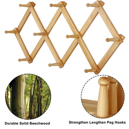 Dseap Accordian Wall Hanger: 16” High Wooden Wall Expandable Coat Rack, Hat Rack Holder, Accordion Hook for Baseball Caps, Coats, Mugs, 10 Peg Hooks, Natural