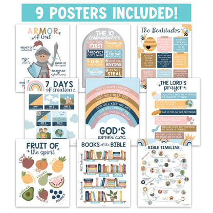 Hadley Designs Sunday School Decorations for Classroom –9 Bible Posters for Kids, Books of the Bible, 10 Commandments, Bible Timeline Chart, Fruits of the Spirit, Boho Christian Classroom Decor