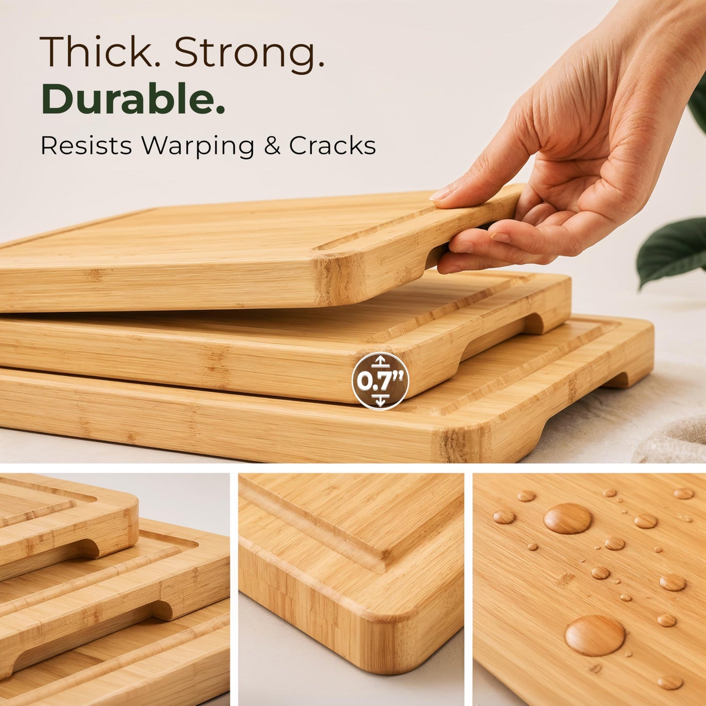Bamboo Cutting Board Set of 3 - Thick & Durable Wood Cutting Boards with Deep Juice Grooves & Build-in Handles, Large Surface, Easy to Clean – for Meat, Vegetables and Fruits (Set of 3 with Holder)