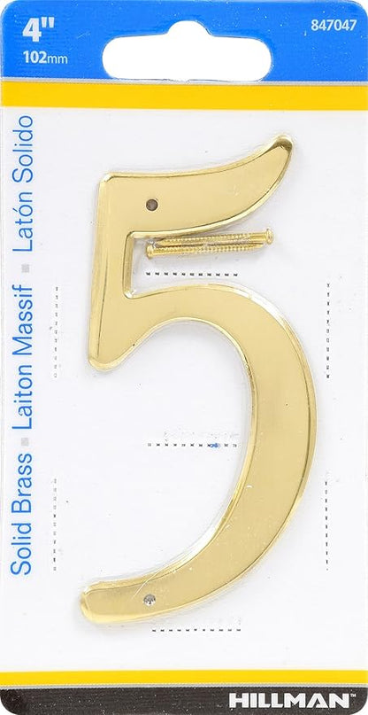 Hillman 847047 4-Inch Nail-On Traditional Solid Brass House Number 5