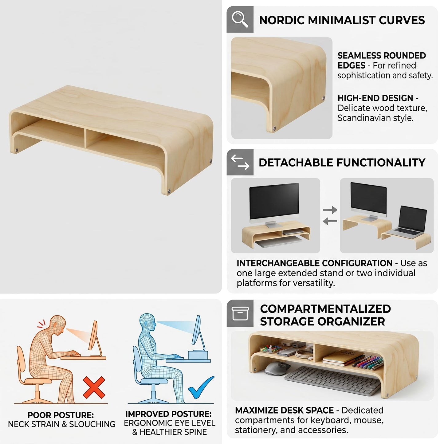 APRTAT Wood Monitor Stand Riser, Solid Woodon Dual Monitor Riser with Storage, 2-Tier Natural Monitor Riser with Storage, Computer Stand Keyboard Organizer