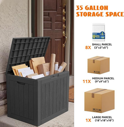 35 Gallon Package Delivery Boxes for Outside, Resin outdoor storage bin with a wood-grain pattern, Storage Cabinet for Parcel Shipping & Storage