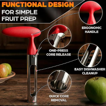 Apple Corer Tool - Apple Core Remover with Ergonomic Red Handle, Durable Food-Safe Stainless Steel 7.3" Fruit Corer for Apples, Peppers, Tomatoes, Cupcakes, Spring Baking & Summer Pies, Easy to Clean