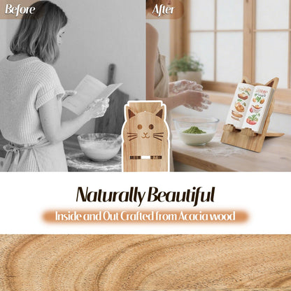 Cat Shaped Wooden Cookbook Stand - Adjustable, Hands-Free Recipe Holder for Kitchen with iPad & Music Rest