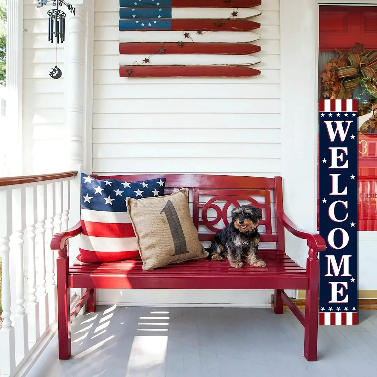 Patriotic 4th of July Wooden Porch Sign 47" Independence Day American Stars Stripes Large Wooden Welcome Sign for Memorial Day Sign Home Front Door Yard Party Decor