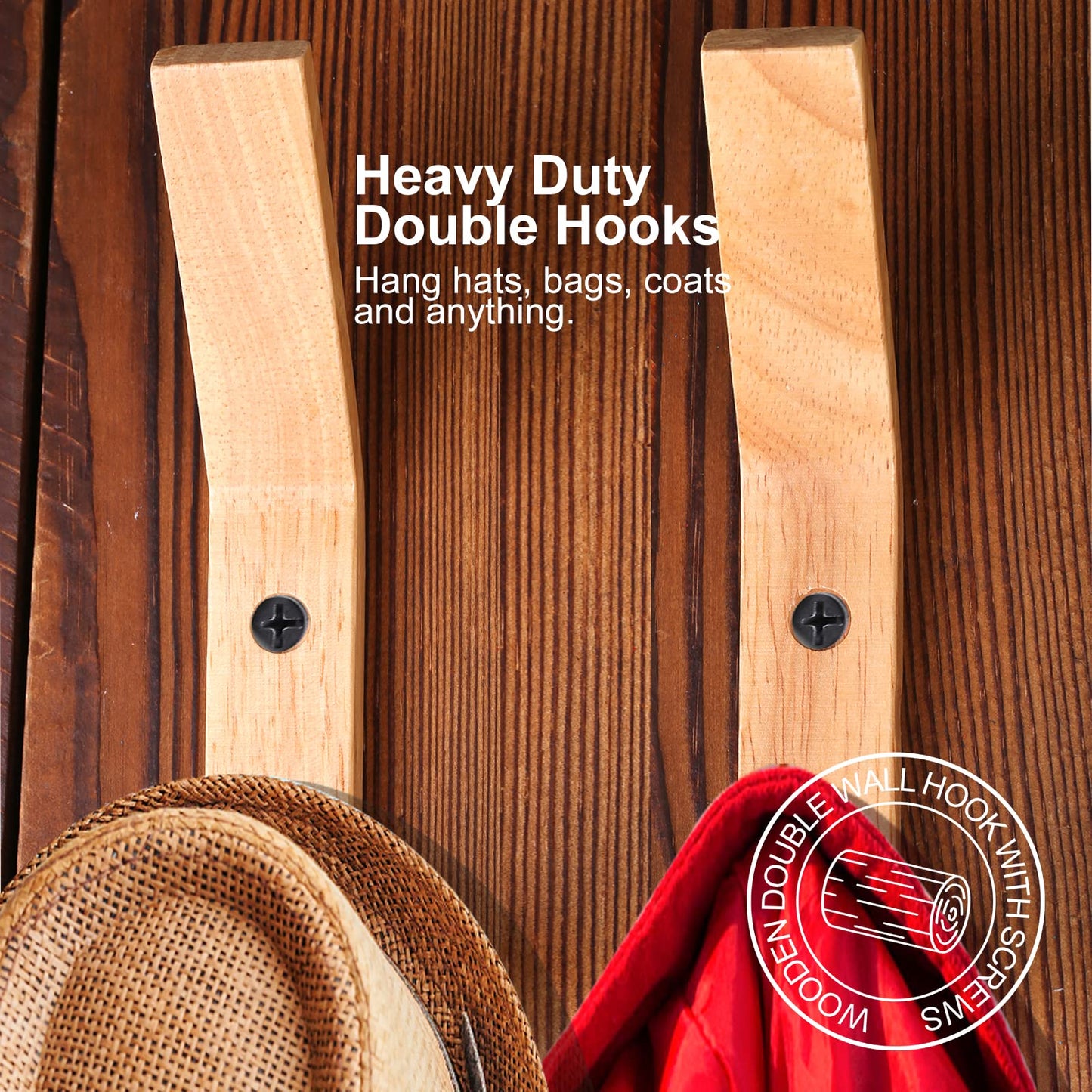 HNYYZL Wooden Wall Hooks, 6 Pack Wood Hooks Wall Mounted, Modern Coat Hooks, Heavy Duty Double Hooks with Metal Black Screws, Wood Wall Hooks Organizer for Hanging Coat, Hat, Scarf, Bag, Towel