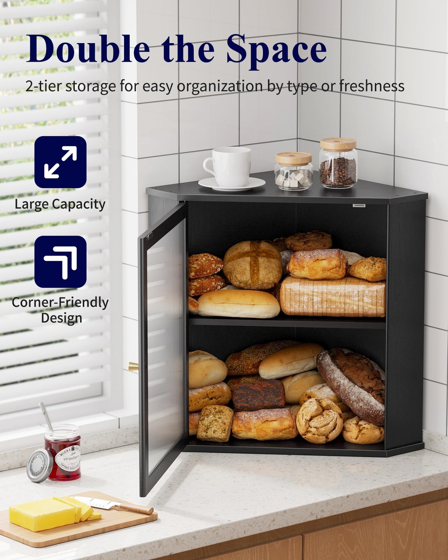 Kitsure Bread Box - 2-Tier Corner Bread Box for Kitchen Countertop with Magnetic Acrylic Door, Bamboo Kitchen Counter Organizer for Snacks, Loaves, Homemade Bread Storage, Black, 16.5" H