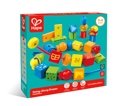 Hape String Shapes Wooden Toy Blocks in 32 Pieces, 3+ Years, Water Based Paint, String
