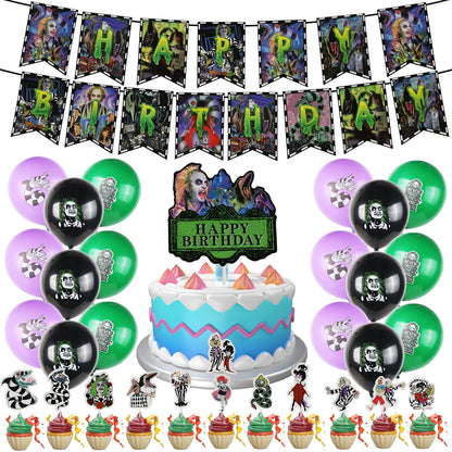 Horror Birthday Party Decorations, Halloween Birthday Party Supplies Decorations Set Include Banner, Balloons, Cake Toppers and Cupcake Toppers for Home Classroom Decor