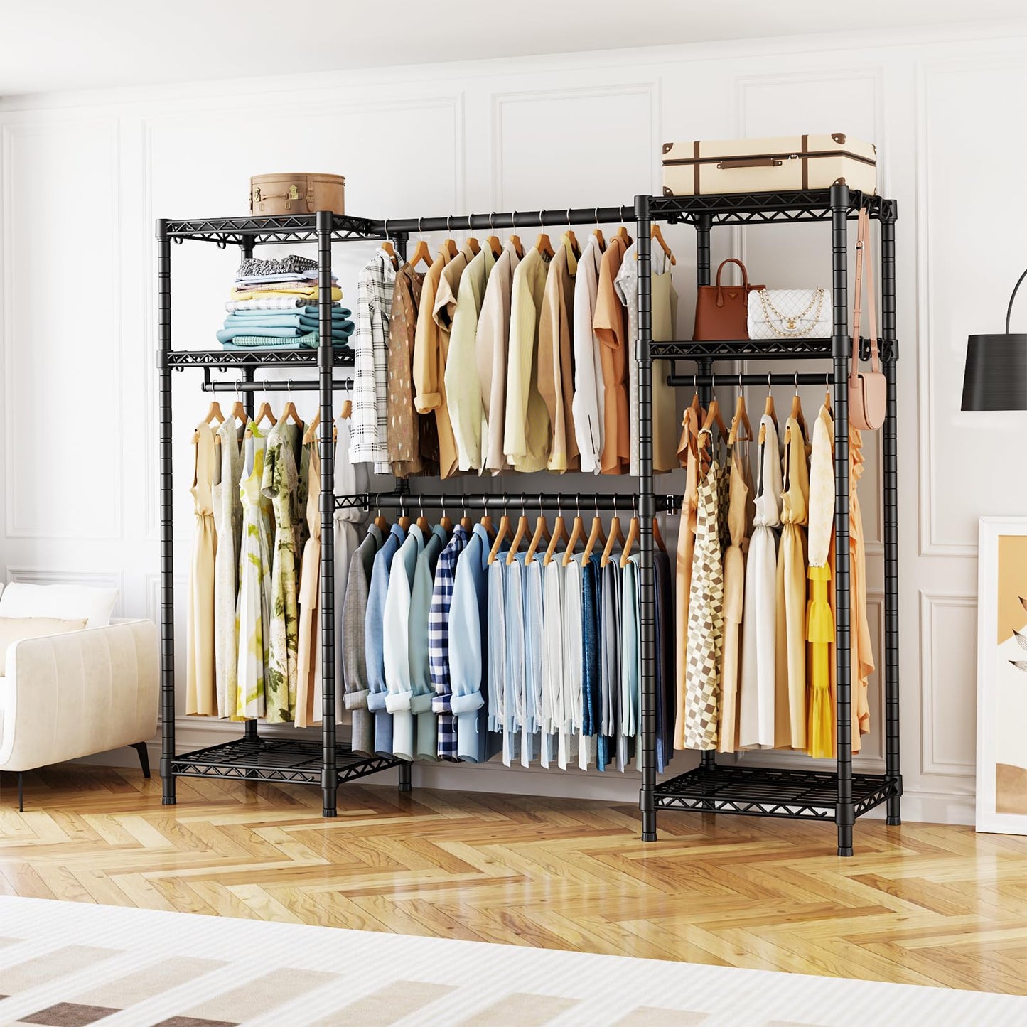 Ulif E7 Garment Rack, Heavy Duty Clothes Storage System with Extendable Hangers Rods, Metal Clothe Rack with 6 Wire Shelves, (52.3"-72") W x 14.5" D x 71.2" H, Load 838 LBS