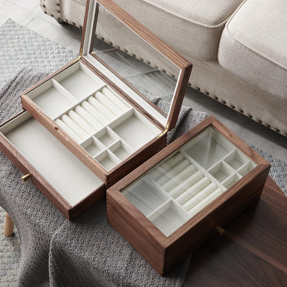Beexchange Black Walnut Wooden Jewelry Box - Allwood, Handcrafted, Glass Lid 1 drawer. Gift for Women, Men, and Girls. Jewelry Organizer Storage(Double-Layer)