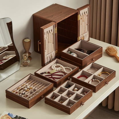 Homruilink Wooden Jewelry Box 5 Layer Black Walnut Large Jewelry Organizer with Brass Handle for Necklaces Rings Earrings Watches Storage, Fathers Day Gift (7.9x8.7x10.0inches)
