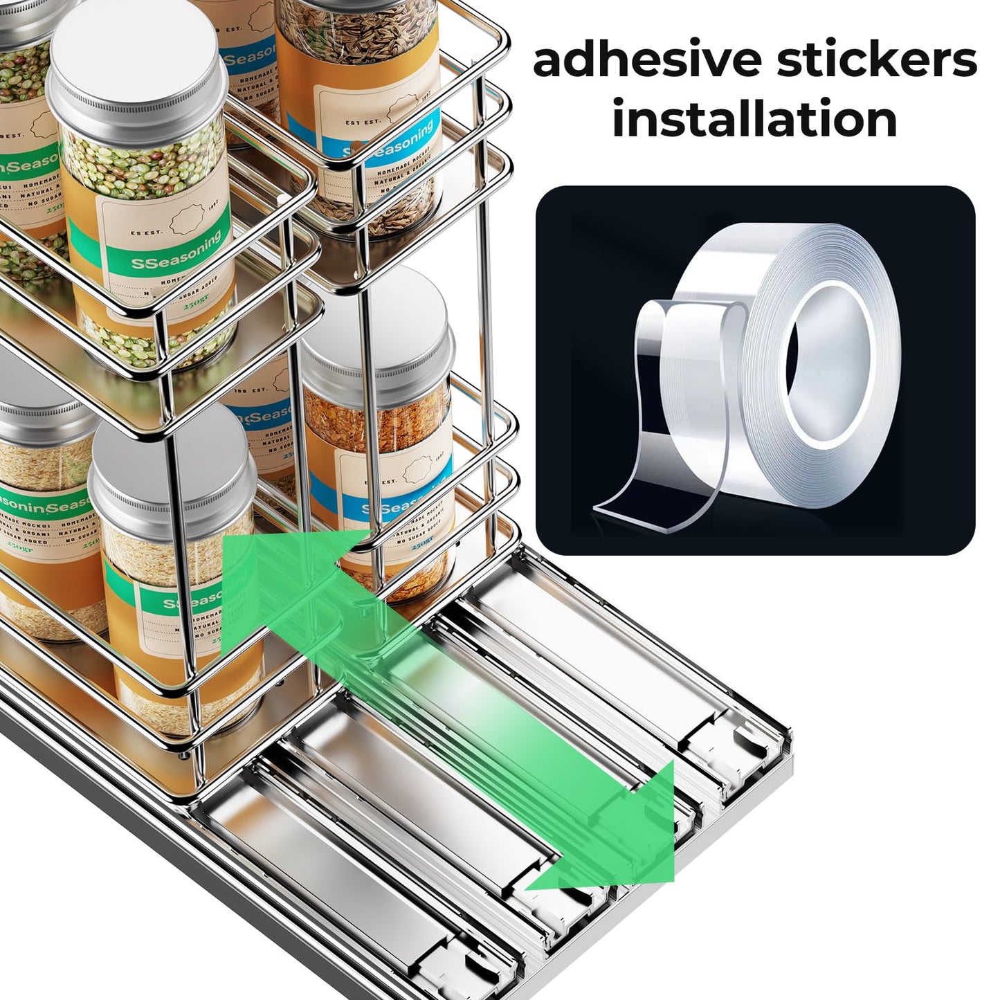 Pull Out Spice Rack Organizer for Cabinet, Slide Out Spice Racks, Easy to Install, 2.1''Wx10.35''Dx8.26''H, 3 Drawers 2 Tiers(Black)