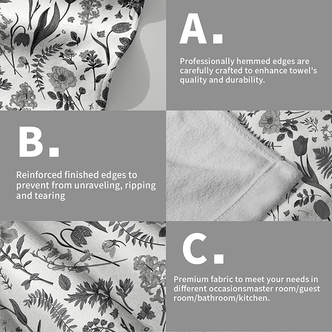Spring Floral Hand Towels for Bathroom Set of 2 Black Grey White Flower Leaves