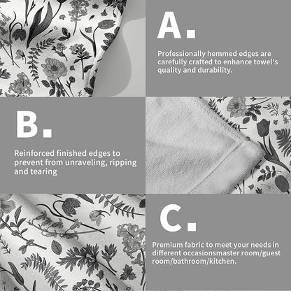 Spring Floral Hand Towels for Bathroom Set of 2 Black Grey White Flower Leaves