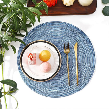 SHACOS Round Braided Placemats Set of 6 Circle Place Mats Kitchen Table Mats for Dining Table Wedding Party (Blue Gray, 6)