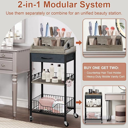 Makeup Organizer Cart Large, 2-in-1 Beauty Organizer with Wheels & Hair Tool Holder, Makeup Stand with Drawer, Vanity Storage Cosmetics Display Cases for Skin Care Nail Polish Perfume-Black