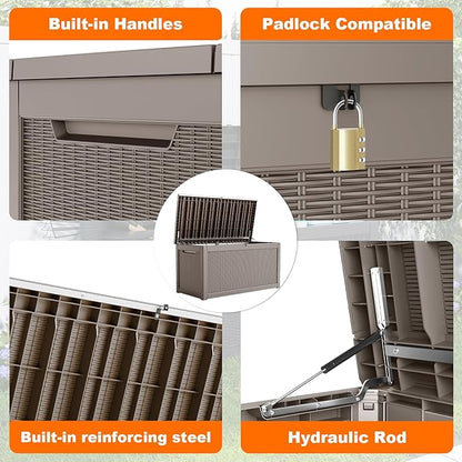 320 Gallon Resin Deck Box, Lockable Patio Outdoor Storage Box for Furniture, Garden Tools and Tools Storage, Waterproof Outside Storage Boxes - Grey