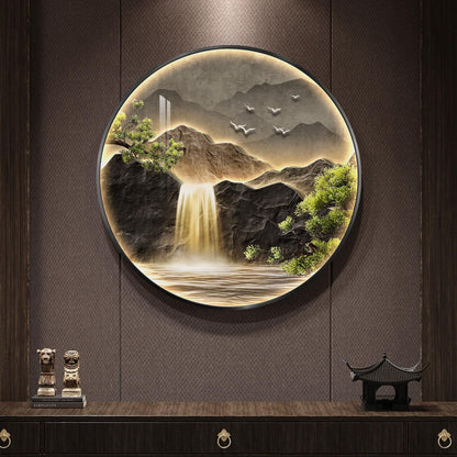 Large LED Mountain Waterfall Wall Art for Living Room, Framed Round Modern Lighted Landscape Picture Artwork for Walls, Backlit Nature Wall Decor for Hallway, Dining Room, Entryway, Office, 30x30 Inch