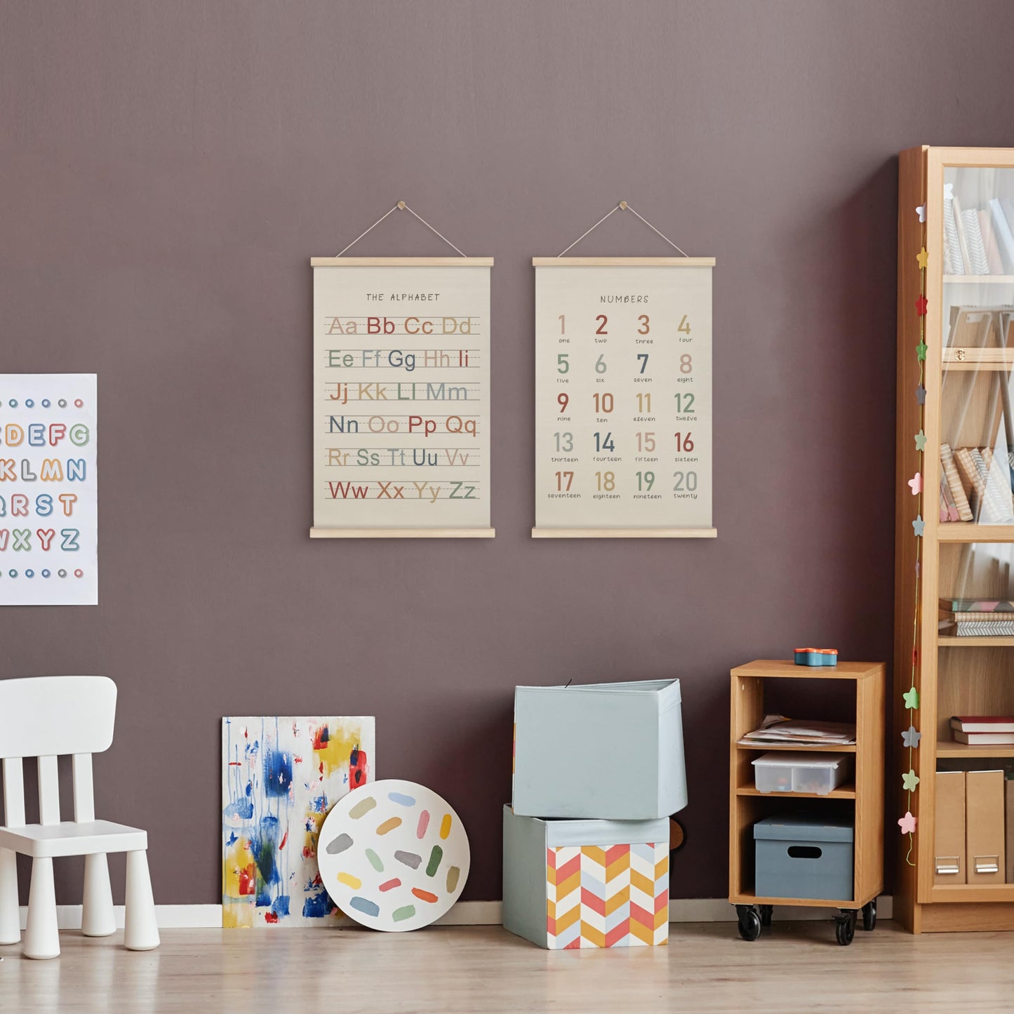 HRQKO Alphabet Numbers Poster Hanger Frame Set of 2, Nursery Wall Decor, Boho ABC Poster Wall Art with Wooden Frames, Alphabet Banner Wall Hanging Decor for Toddler Playroom Nursery, 16x24 Inch
