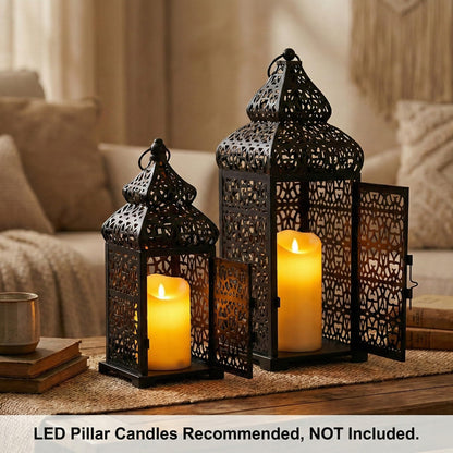 Vela Lanterns Decorative Indoor Moroccan Candle Holders, Black, Set of 2