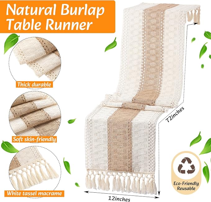 4 Sets Boho Decoration Placemats Round Woven Placemats, Cloth Napkins, Wood Bead Napkin Rings, Long Table Runner and Farmhouse Burlap Cotton for Table Kitchen (Khaki,12x72)