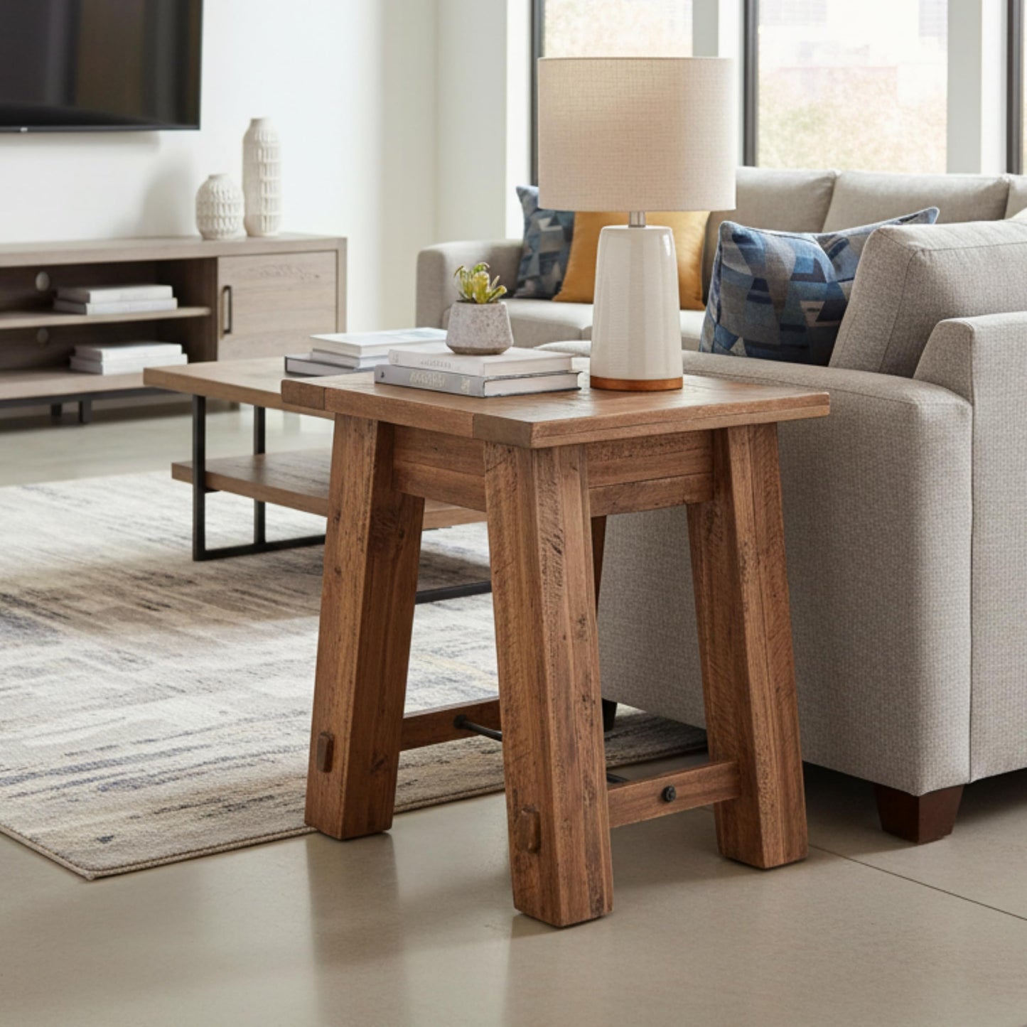 Alaterre Furniture Durango 27-Inch Solid Wood Side Table – Heavy-Duty Industrial End Table with 100 lb Capacity for Living Room, Bedroom, or Home Office (Natural Grain Lacquer Finish)