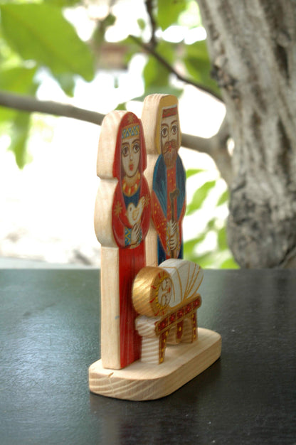 Saint Mary with Josef Nativity Tabletop Wooden Handmade Red Blue Yellow