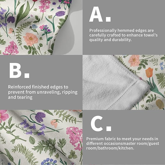 Spring Floral Hand Towels for Bathroom Set of 2 Pink Flowers Sage Green Leaves