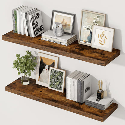Feihorrm 36 Inch Floating Shelves, 12 Inch Deep Floating Shelves for Wall, Extra Deeper & Thicker Wooden Wall Shelf with Invisible Brackets, Shelf for Bedroom Home Decor（Rustic Brown, Set of 2）