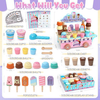 Atoylink Wooden Ice Cream Toys for Kids Pretend Play Food Toys with Scoop & Menu & Fake Money, Ice Cream Cart Play Store Toys for Toddlers Girls 3 4 5 6 Year Old Gift