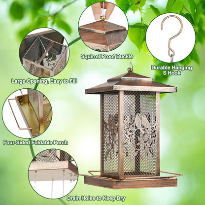 LBTING Bird Feeder for Outside, Metal Lantern-Shaped Bird Feeder, Wild Bird Feeders for Hanging Outdoor Garden Yard, Birds Pattern