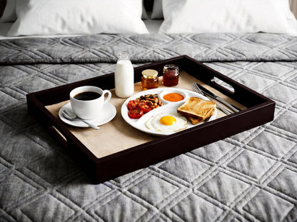 Dark Brown Bamboo Serving Tray Set of 2 with Handles, Nesting Wooden Trays for Serving Food & Drinks, Rectangular Coffee Table Ottoman Tray for Living Room Decor, Large 16.9” & Small 15.6”