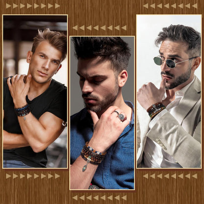 Tondiamo 48 Pcs Punk Wooden Beads Bracelets Gothic Bracelet for Men Adjustable Bulk Vintage Beaded Bracelet Metal Set Wood Bangles Wristbands Commemorative Gift