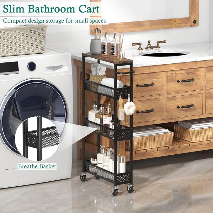 XYZLVSI Slim Storage Cart 4 Tier Narrow Kitchen Rolling Cart on Wheels for Small Space, Mobile Utility Cart Shelving Unit with Wooden Top and Metal Handle for Kitchen, Bathroom, Laundry Room