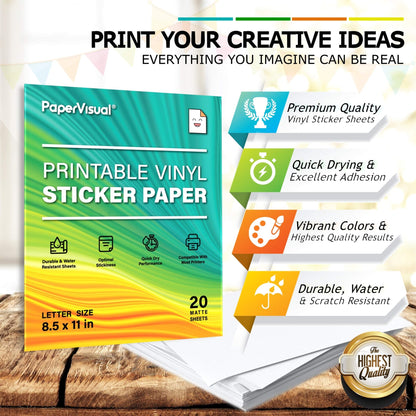 Premium Printable Vinyl Sticker Paper for Inkjet and Laser Printer - 20 White Matte Sticker Paper Waterproof - Excellent Adhesion Paper 8.5 x 11, Fast Dry, Holds Ink Well, Great for Cutting Machines