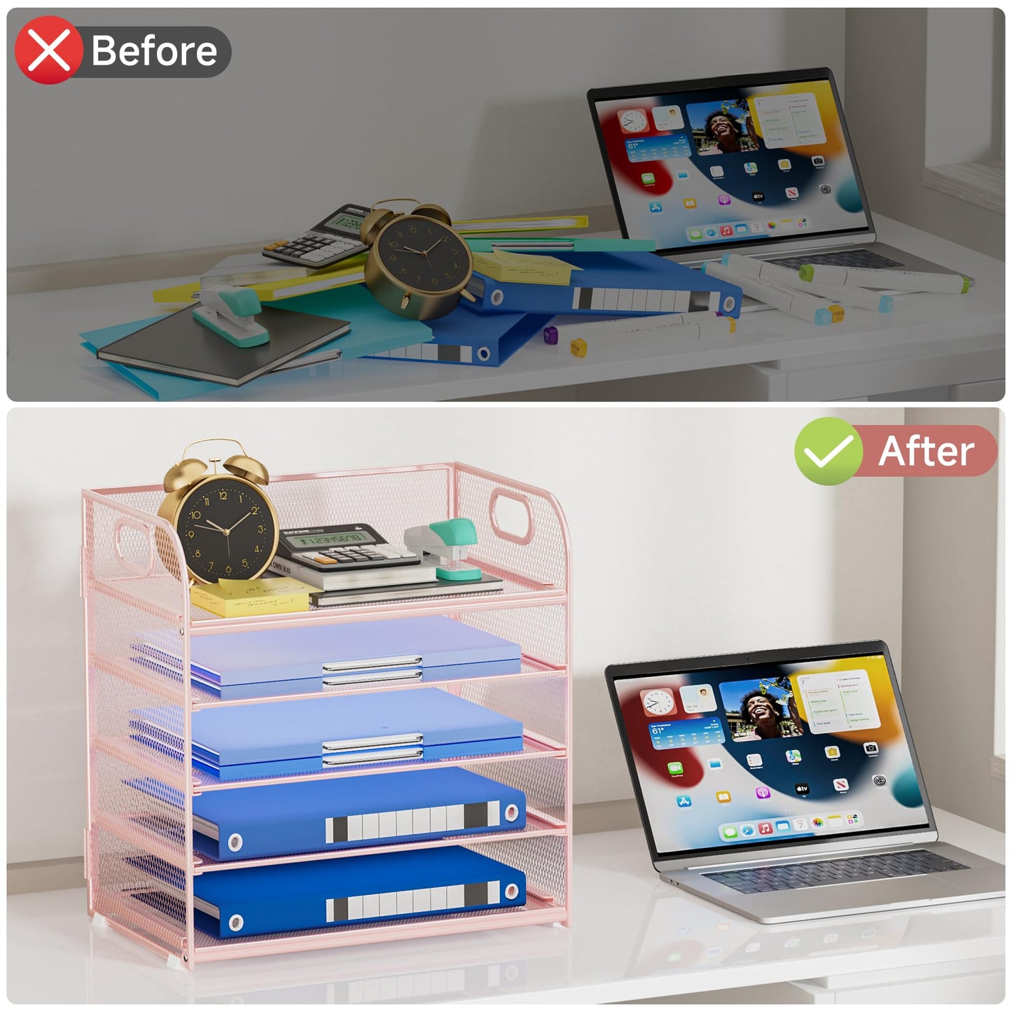 Kinkota 5 Tier Paper Organizer for Desk, File Organizer with Handle, Mesh Letter Tray, Paper Sorter Desk Organizer for Office Home Supplies - Pink
