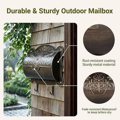 Wall Mount Mailbox with Newspaper Holder, Upgraded Embossed Vintage Mailbox Wall Mount, Dragonfly & Floral Decorative Front Porch Antique Mailboxes, Mail Boxes for House Outside Garden