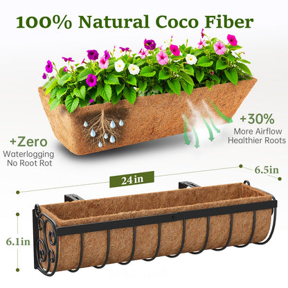 VOXOR Railing Planter Boxes, 24 Inch Window Boxes Planters, Balcony Planters with Adjustable Brackets & Coco Liner for Outdoor Fence, Deck, Porch, and Patio Gardening, 2 Pack