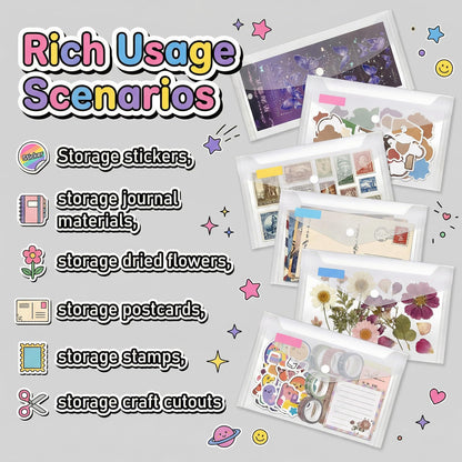 Sticker Organizer, Clear Plastic Envelopes with Snap, 12 Pack Waterproof and Durable for Sticker Storage, Scrapbook Storage, Washi Tape, Scrapbooking & Stamping Supplies (9.5 x 4 Inches)