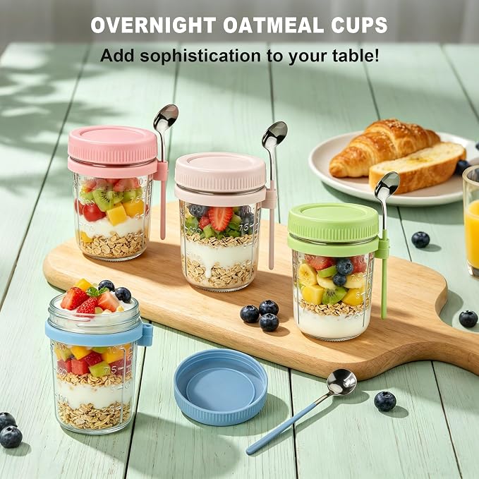 6Pcs Overnight Oats Containers with Lids and Spoons,16oz Glass Meal Prep Jars with Measurement Marks, Leak-Proof Breakfast Food Storage for Yogurt, Cereal, Salad, BPA-Free (6 Colors)