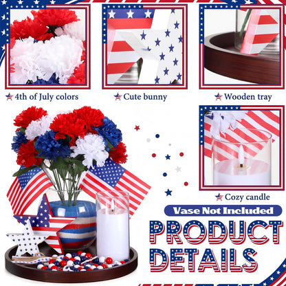 4th of July Decorations Centerpiece Table Decor, 250th Anniversary Patriotic Red White Blue Flowers with Mini Flags, Wooden Stars, Tray, LED Candle Bead Garland for Independence Day Party Home Decor